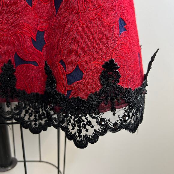 ALBERTO MAKALI Jacquard Fit & Flare Dress Red Blue Sleeveless Lace Trim Size 8 - Picture 5 of 12